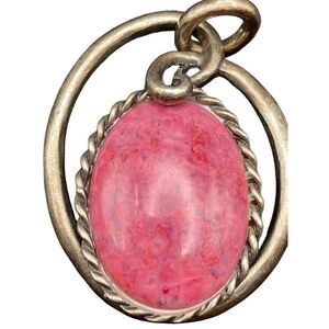 Vintage silver tone Rose agate necklace pendant heavy